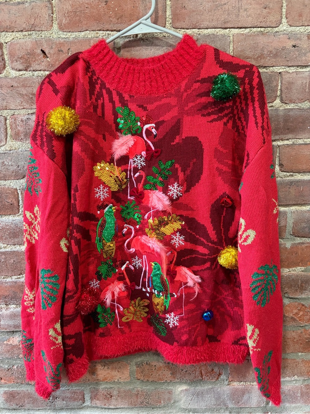 Red Embellished Flamingo & Parrot ugly Holiday Sweater size small